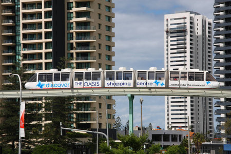 GOLD COAST, AUSTRALIA - MARCH 23: Monorail train on March 23, 2008 in Gold Coast, Australia. The short 1.3km monorail route in Broadbeach connects popular tourist spots (shopping mall, casino).のeditorial素材