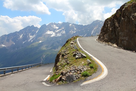 Italy, Stelvio National Park. Famous road to Gavia Pass in Ortler Alps. Alpine landscape.の写真素材