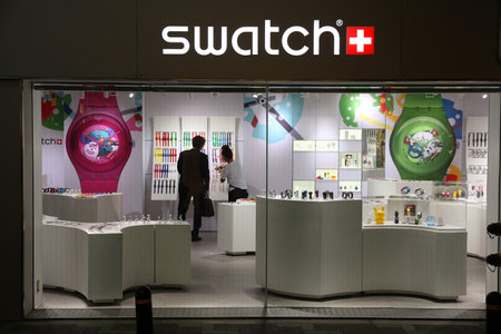 OSAKA, JAPAN - APRIL 24: Swatch store on April 24, 2012 in Osaka, Japan. Swatch group is a profitable watch manufacturer with profit of 1.074 billion CHF (2010). It employs 24,240 people (2010 average).のeditorial素材