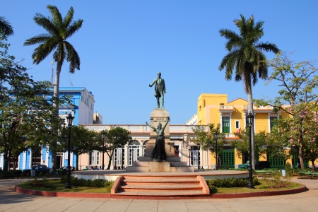 Matanzas, Cuba - main square. Palm trees and statue depicting Jose Marti and Liberty.の写真素材