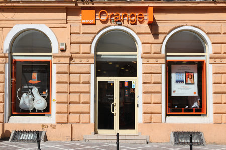 BRASOV, ROMANIA - AUGUST 21: Orange GSM branch on August 21, 2012 in Brasov, Romania. Orange Romania is the largest GSM operator in Romania with 10.274 millions subscribers (2011).のeditorial素材