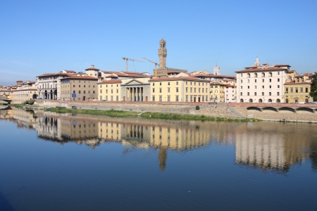 Florence, Italy with river Arno reflection - old town viewの写真素材
