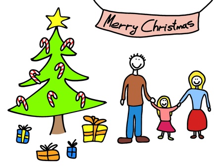 Happy family: mother, father and child. Christmas at home - Christmas tree and gifts. Child-like illustration.のイラスト素材