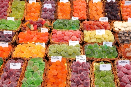 Confectionery shop at Boqueria market in Barcelona, Spain. Colorful gumdrops and wine gum sweets.の写真素材