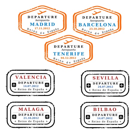 Travel stamps from Spain. Grungy stamps (not real). Spanish destinations: Madrid, Barcelona, Tenerife, Valencia, Seville, Malaga and Bilbao.のイラスト素材