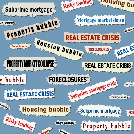 Newspaper cuttings and headlines. Housing market crisis - property bubble collapse news.のイラスト素材