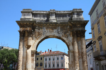 Croatia - Pula on Istria peninsula  Famous Roman triumphal arch, ancient monument のeditorial素材