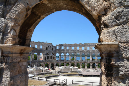 Croatia - Pula on Istria peninsula  Famous Roman amphitheatre, ancient monument のeditorial素材