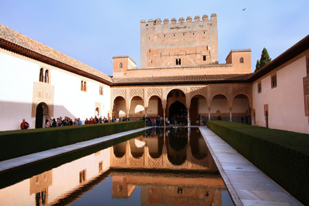 GRANADA, SPAIN - OCTOBER 15: Tourists visit Alhambra on October 15, 2010 in Granada, Spain. Alhambra is more than 1000 years old and is a UNESCO World Heritage Site.のeditorial素材