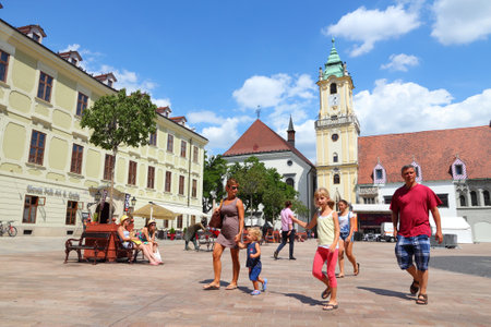 BRATISLAVA, SLOVAKIA - AUGUST 9: People visit Old Town on August 9, 2012 in Bratislava, Slovakia. Bratislava is the most populous (462,000) and most visited city in Slovakia.のeditorial素材