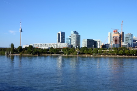 Vienna, Austria - Danube island district. Modern skyscraper architecture.