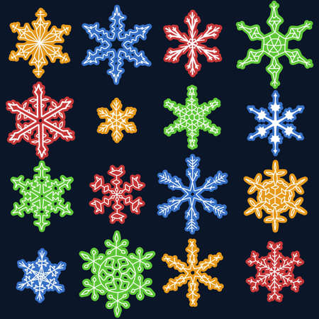 Snowflake winter icons set. Collection of colorful snow flake symbols.のイラスト素材