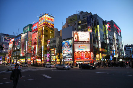 TOKYO - APRIL 12: People visit Akihabara shopping area on April 12, 2012 in Tokyo. Stores in Akihabara are considered one of best electronics shopping destination in the world (TripAdvisor).のeditorial素材