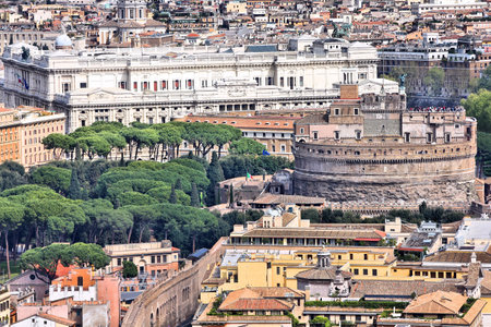 Rome, Italy. Aerial view of famous Castel Sant' Angelo and Justice Palace courthouse in background.のeditorial素材