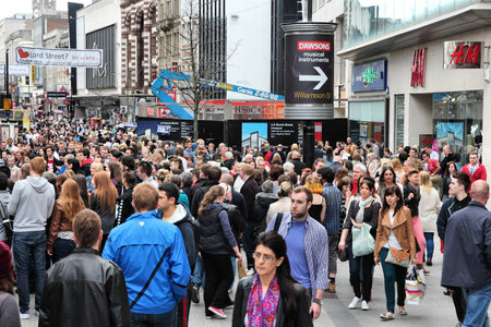 LIVERPOOL, UK - APRIL 20: People shop on April 20, 2013 in Liverpool, UK. Liverpool City Region has a population of around 1.6 million people and is one of largest urban areas in the UK.のeditorial素材