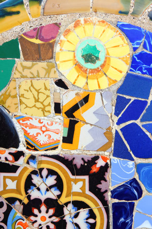 BARCELONA, SPAIN - NOVEMBER 6: Ceramic art in Park Guell on November 6, 2012 in Barcelona, Spain. It was built in 1900-14 and  is part of the UNESCO World Heritage Site "Works of Antoni Gaudi".のeditorial素材