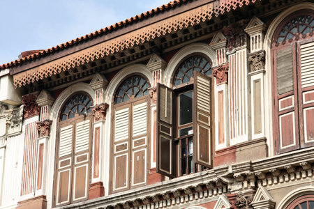 Chinatown district of Singapore, Asia - closed colorful window shutters