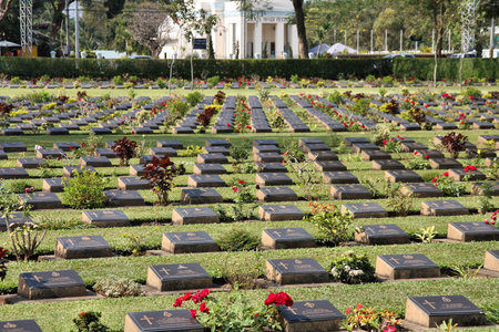 KANCHANABURI, THAILAND - JANUARY 25: War Cemetery view on January 25, 2008 in Kanchanaburi, Thailand. 6,982 British, Australian and Dutch prisoners of war are buried here.のeditorial素材