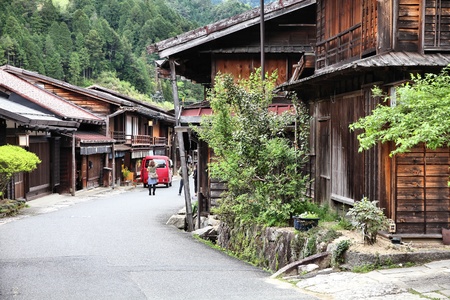 Japan - famous Nakasendo trail in Tsumago old town. Old route hundreds of years old.の写真素材