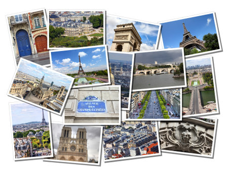 Postcard collage from Paris, France. Collage includes major landmarks like Eiffel Tower, Notre Dame, Trocadero and Champs Elysees.のeditorial素材