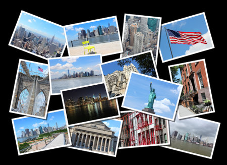 Postcard collage from New York City, USA. Collage includes major landmarks like Brooklyn Bridge, Statue of Liberty, Manhattan skyline and Columbia University.のeditorial素材