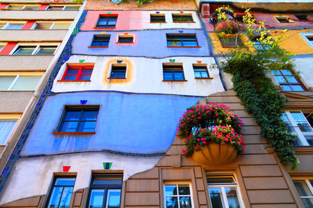 VIENNA - SEPTEMBER 6: Hundertwasser Haus on September 6, 2011 in Vienna. The iconic building was finished in 1985 and is one of finest examples of expressionist architecture.のeditorial素材