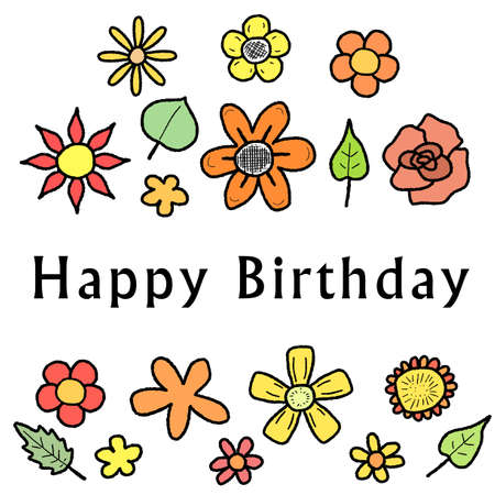 Happy Birthday - greeting card with colorful doodle flowers. Holiday celebration.のイラスト素材