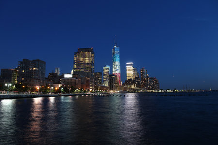 New York City, United States - Lower Manhattan skyline from. Night view.