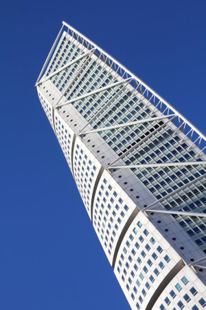 MALMO, SWEDEN - MARCH 8: Turning Torso skyscraper on March 8, 2011 in Malmo, Sweden. Designed by Santiago Calatrava, it is the most recognized landmark of Malmo today.のeditorial素材