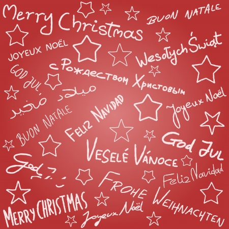 Merry Christmas - season wishes doodle in multiple languages. Christmas background.のイラスト素材