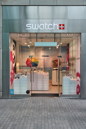 BIRMINGHAM, UK - APRIL 19: Swatch watch store on April 19, 2013 in Birmingham, UK. Swatch group is a...