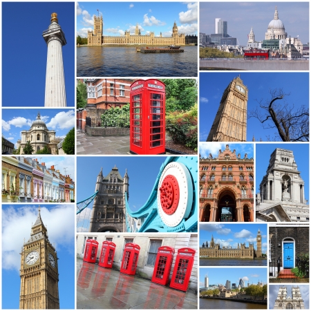Photo collage from London, UK. Collage includes major landmarks like Big Ben, Saint Paul's Cathedral and red telephone booths.の写真素材