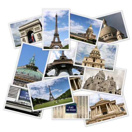 Postcard collage from Paris, France. Collage includes major landmarks like Triumphal Arch, Eiffel Tower, Vosges square and Opera Garnier.のeditorial素材