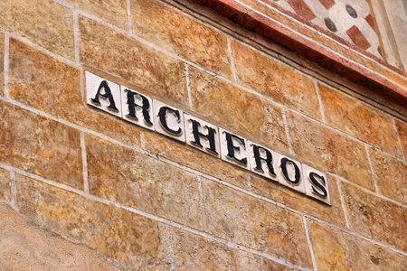 Seville, Spain - decorative street name sign. Archeros Street.のeditorial素材