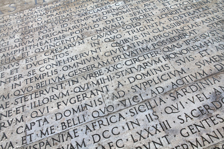 Rome, Italy. Latin inscriptions outside famous monument - Ara Pacis.の写真素材
