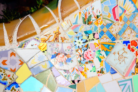 BARCELONA, SPAIN - NOVEMBER 6: Ceramic art in Park Guell on November 6, 2012 in Barcelona, Spain. It was built in 1900-14 and  is part of the UNESCO World Heritage Site "Works of Antoni Gaudi".のeditorial素材