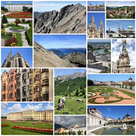 Photo collage from Austria. Collage includes major cities like Vienna, Salzburg, Innsbruck and Linz. Also Tirol Alps landscapes.のeditorial素材