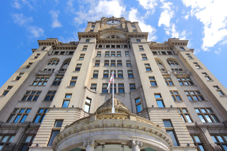 Liverpool - city in Merseyside county of North West England (UK). Pier Head district, part of UNESCO World Heritage Site. Royal Liver Building.のeditorial素材
