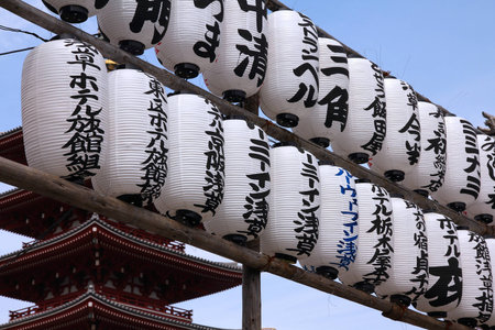 Tokyo, Japan - typical Japanese paper lanterns at Asakusa district, Sensoji Buddhist temple.のeditorial素材
