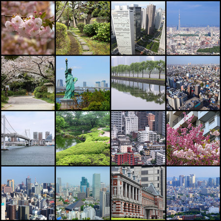Photo collage from Tokyo, Japan. Collage includes major landmarks like Rainbow Bridge, Toshima ward, Chiyoda ward and Chuo ward.のeditorial素材
