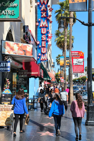 LOS ANGELES, USA - APRIL 5, 2014: People walk famous Walk of Fame in Hollywood. Hollywood Walk of Fame features more than 2,500 stars with inscribed celebrity names.のeditorial素材