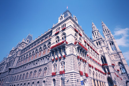 Vienna, Austria - famous City Hall building. The Old Town is a UNESCO World Heritage Site. Fish-eye view. Retro color style - cross processed filtered colors tone.のeditorial素材