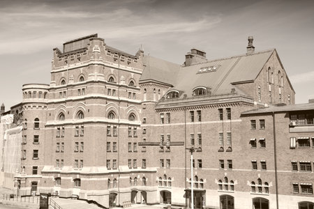 Stockholm, Sweden. MunchenBryggeriet - old brick building at Sodermalm island. Sepia tone - retro monochrome color style.のeditorial素材