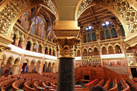 BUDAPEST, HUNGARY - JUNE 19, 2014: Interior view of Parliament Building in Budapest. The building was completed in 1905 and is in Gothic Revival style.のeditorial素材