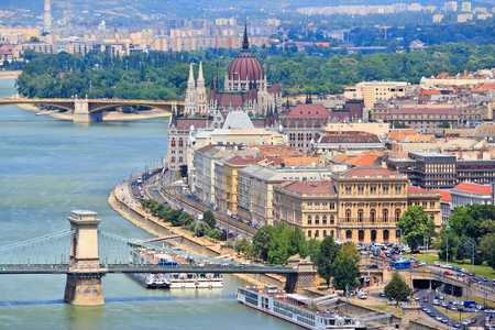 Budapest, Hungary - cityscape with Danube river, Szechenyi Chain Bridge and Parliament building.の写真素材