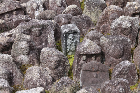 Kyoto, Japan - small jizo statues at famous Daitokuji (Daitoku-ji) Temple. Buddhist zen temple of Rinzai school. Jizo, also known as Ksitigarbha are bodhisattvas in East Asian Buddhism.のeditorial素材