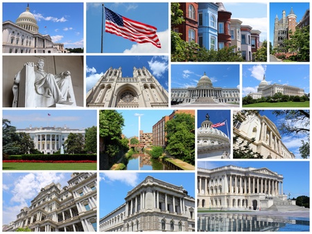 Photo collage from Washington DC, United States. Collage includes major landmarks like National Capitol, Georgetown University and Lincoln Memorial.の写真素材