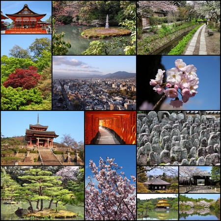 Photo collage from Kyoto. Collage includes best views like Fushimi Inari, Buddhist temples, cherry blossom and zen gardens.の写真素材