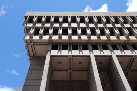 BOSTON, USA - JUNE 9, 2013: Controversial brutalist architecture of City Hall in Boston. It was completed in 1968 and is part of Government Center complex.のeditorial素材