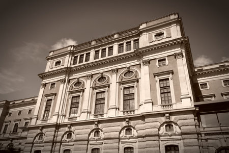 Stockholm, Sweden. Famous Royal Swedish Opera building. Sepia tone - retro monochrome color style.のeditorial素材